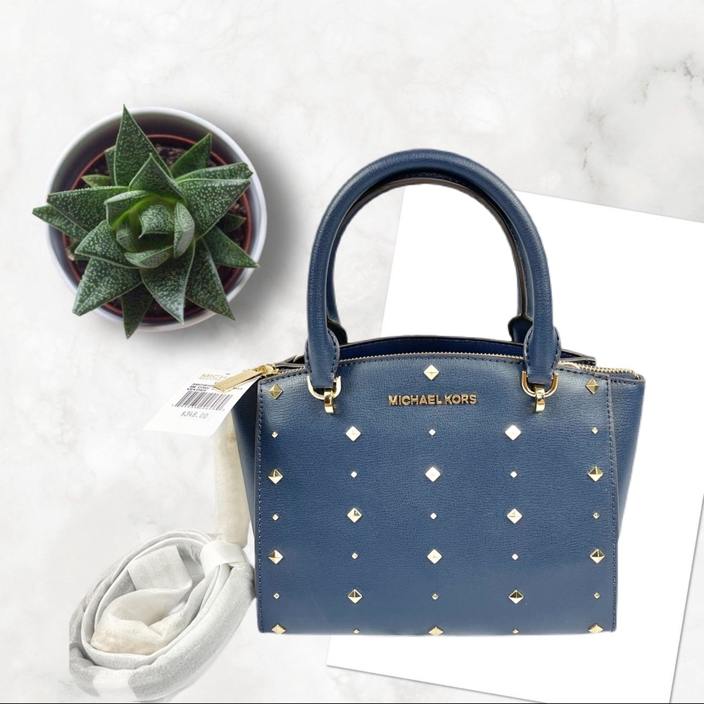 NEW Michael Kors Studded Small Convertible Ellis Leather Satchel Bag in Navy